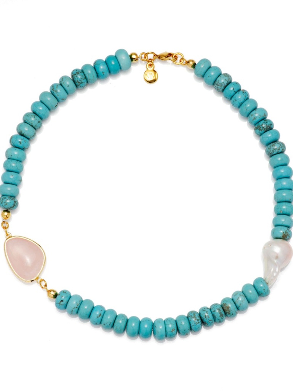 Turquoise, Freshwater Pearl, and Rose Quartz Necklace with 24k Gold Plated